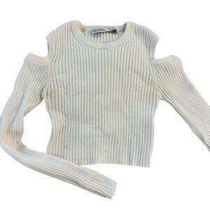 Bershka Cream Ribbed Cold Shoulder Cropped Sweater
